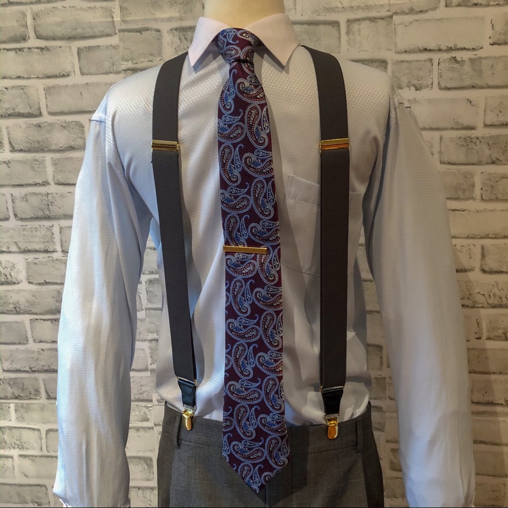 Gray Suspenders w/ Black Leather & Gold Snaps